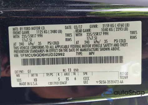 2017 Ford Escape Se z USA, uszkodzony, nr VIN 1FMCU9GD6HUD32992